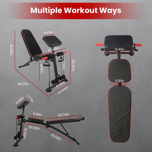 JMT-170762 Adjustable Weight Bench with Preacher Curl Pad and Resistance Bands for Full Body Home Gym Workouts