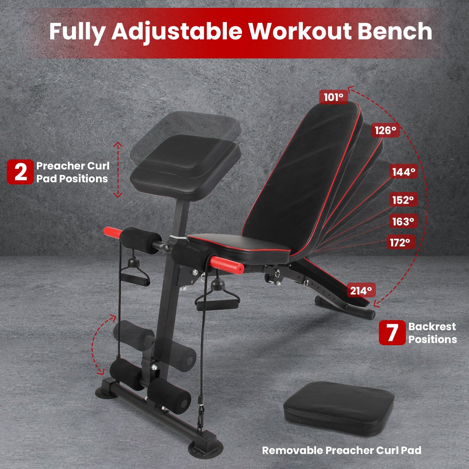 JMT-170762 Adjustable Weight Bench with Preacher Curl Pad and Resistance Bands for Full Body Home Gym Workouts