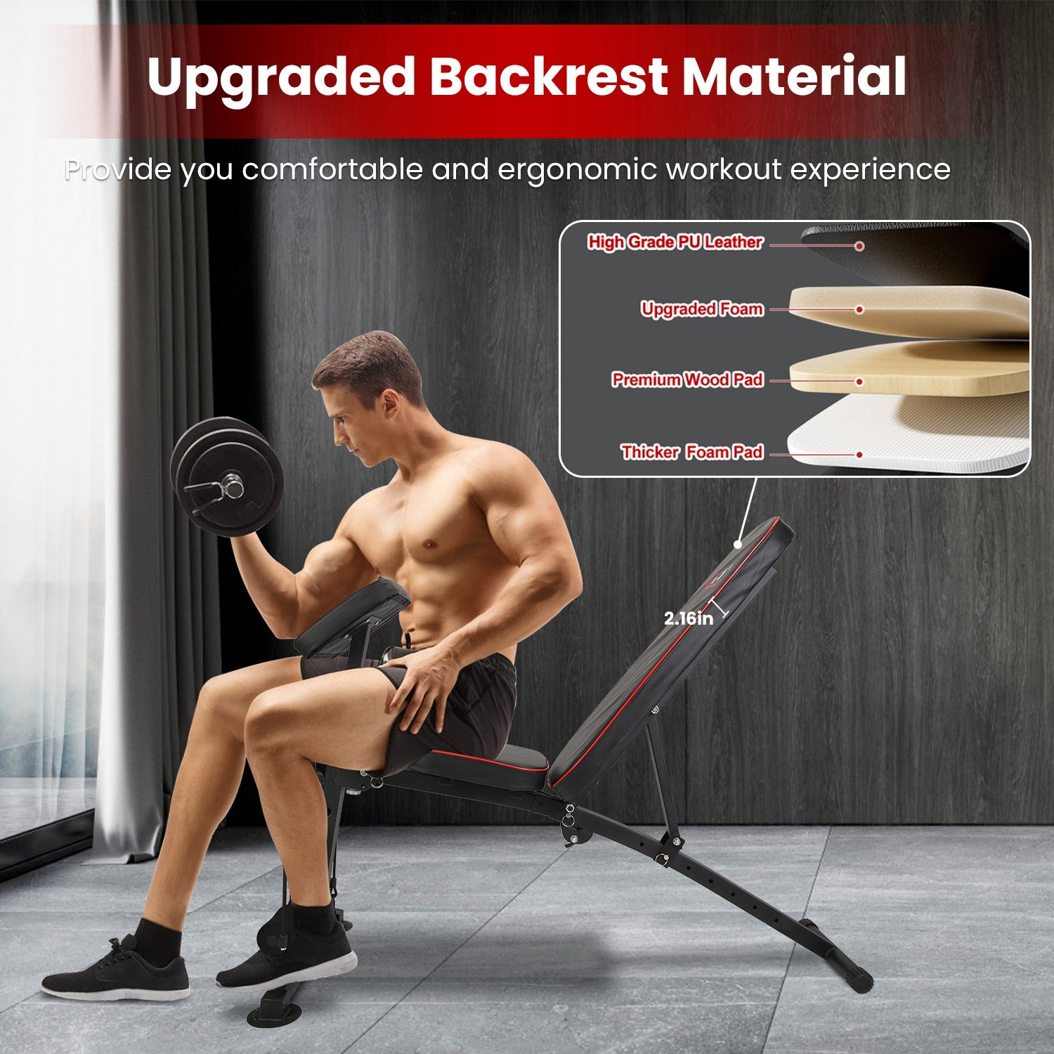 JMT-170762 Adjustable Weight Bench with Preacher Curl Pad and Resistance Bands for Full Body Home Gym Workouts