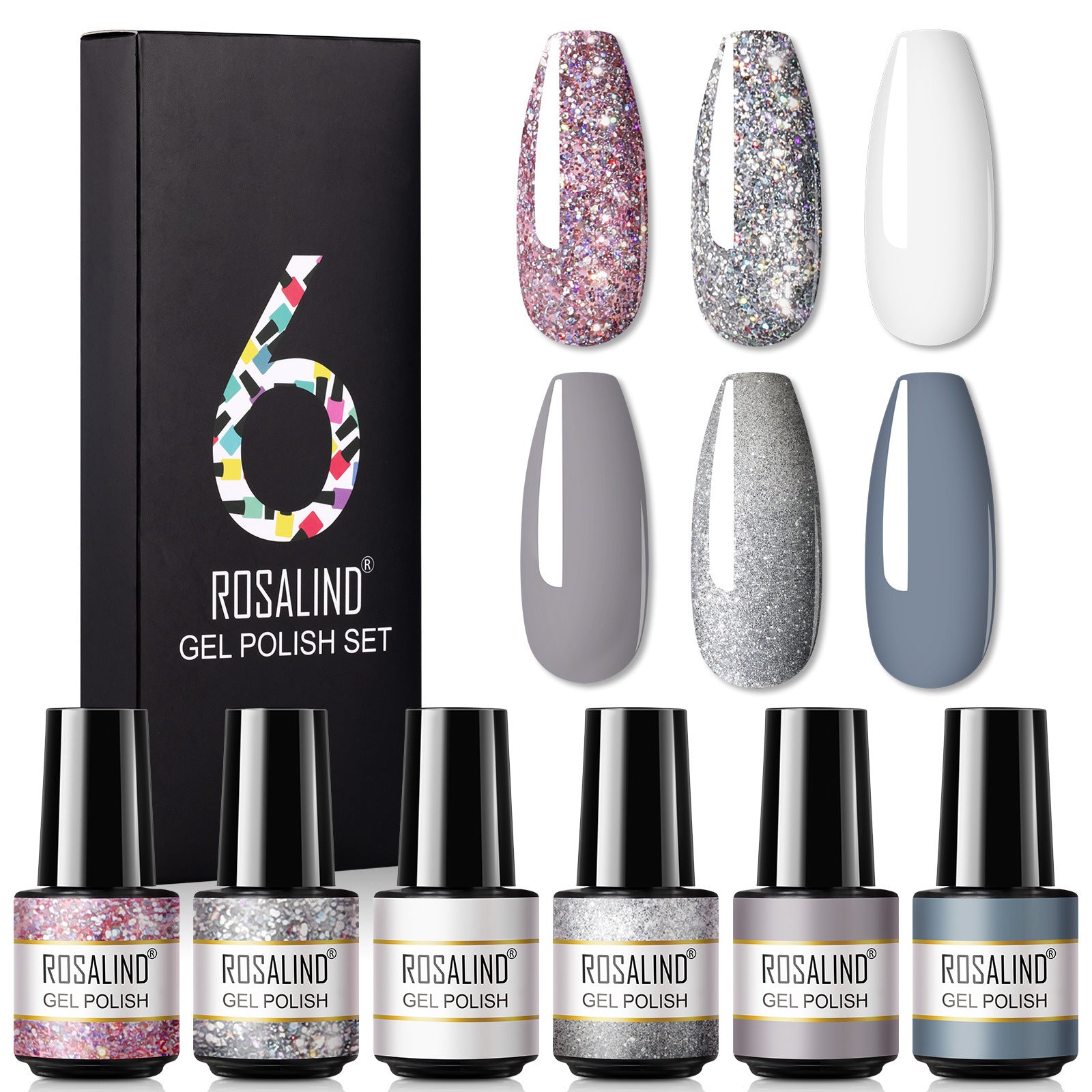 JMT-171146 One-Color Gel Glitter Nail Polish Set - 6-Piece Collection in Convenient Color Box