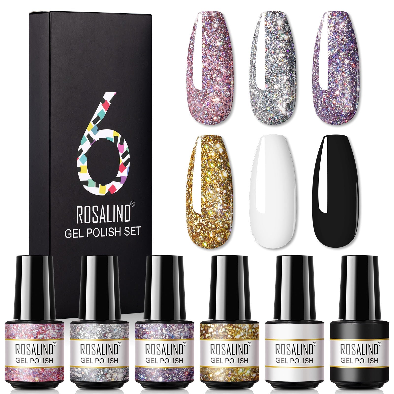 JMT-171146 One-Color Gel Glitter Nail Polish Set - 6-Piece Collection in Convenient Color Box