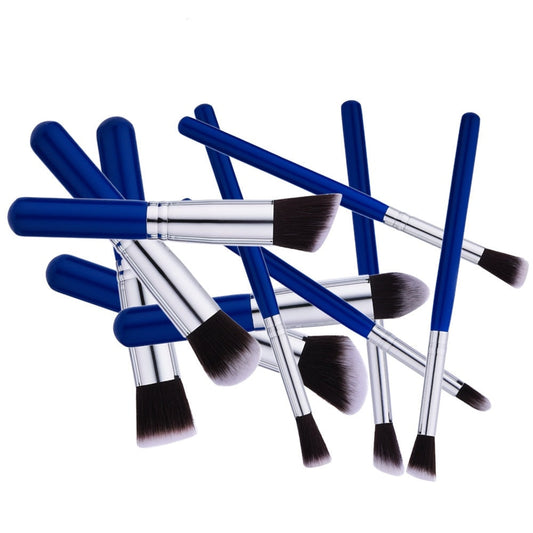 JMT-171274 10-Piece Portable Blue Nylon Makeup Brush Set with Wooden Handles