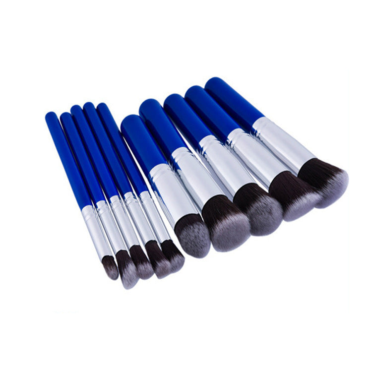JMT-171274 10-Piece Portable Blue Nylon Makeup Brush Set with Wooden Handles