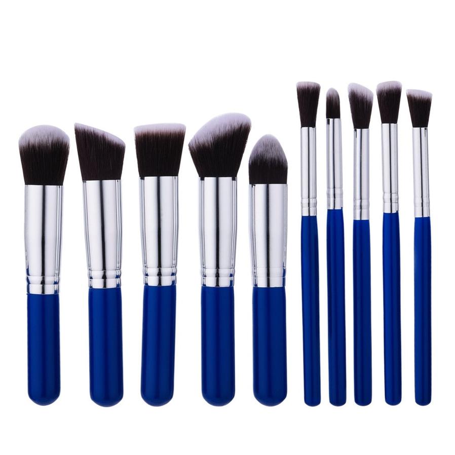 JMT-171274 10-Piece Portable Blue Nylon Makeup Brush Set with Wooden Handles