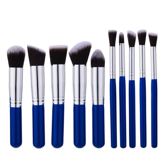 JMT-171274 10-Piece Portable Blue Nylon Makeup Brush Set with Wooden Handles