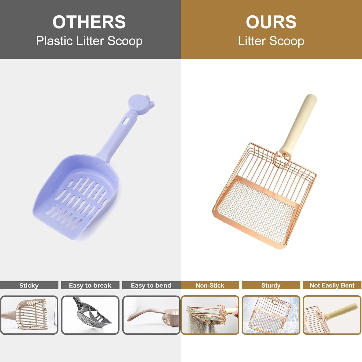 JMT-171850 Metal Litter Scoop with Wooden Handle for Effective Cat Litter Cleaning and Poop Sifting