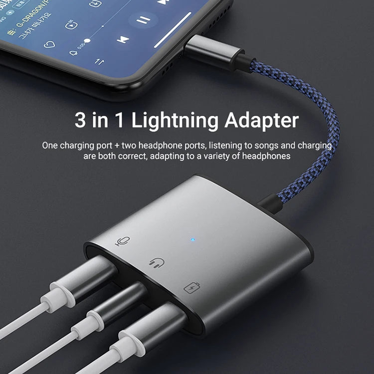 JMT-173642 3 in 1 3.5mm Headphone Adapter with Charging Splitter for iPhone and iPad Devices