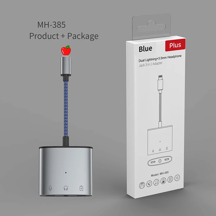 JMT-173642 3 in 1 3.5mm Headphone Adapter with Charging Splitter for iPhone and iPad Devices