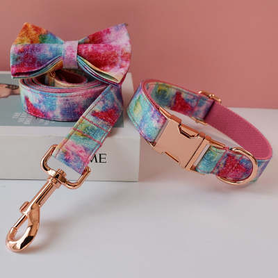 JMT-173642 Stylish Blue and Rose Gold Buckle Cotton Dog Collar and Leash Set with Bow Tie