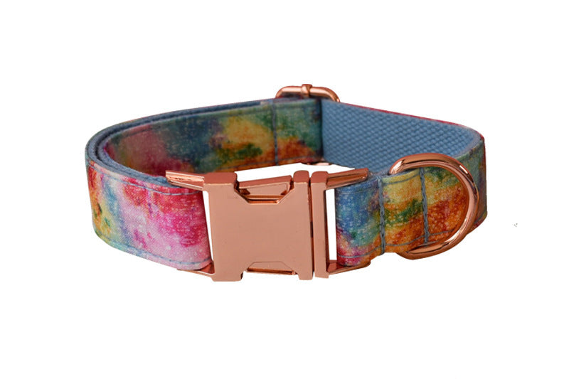 JMT-173642 Stylish Blue and Rose Gold Buckle Cotton Dog Collar and Leash Set with Bow Tie