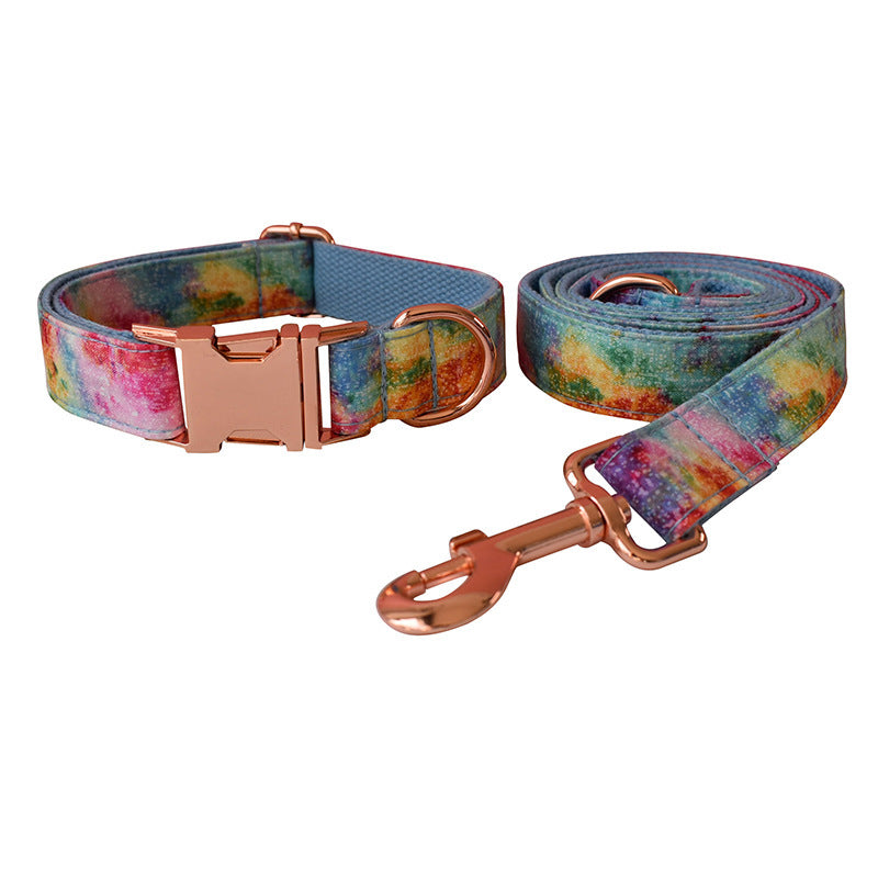 JMT-173642 Stylish Blue and Rose Gold Buckle Cotton Dog Collar and Leash Set with Bow Tie
