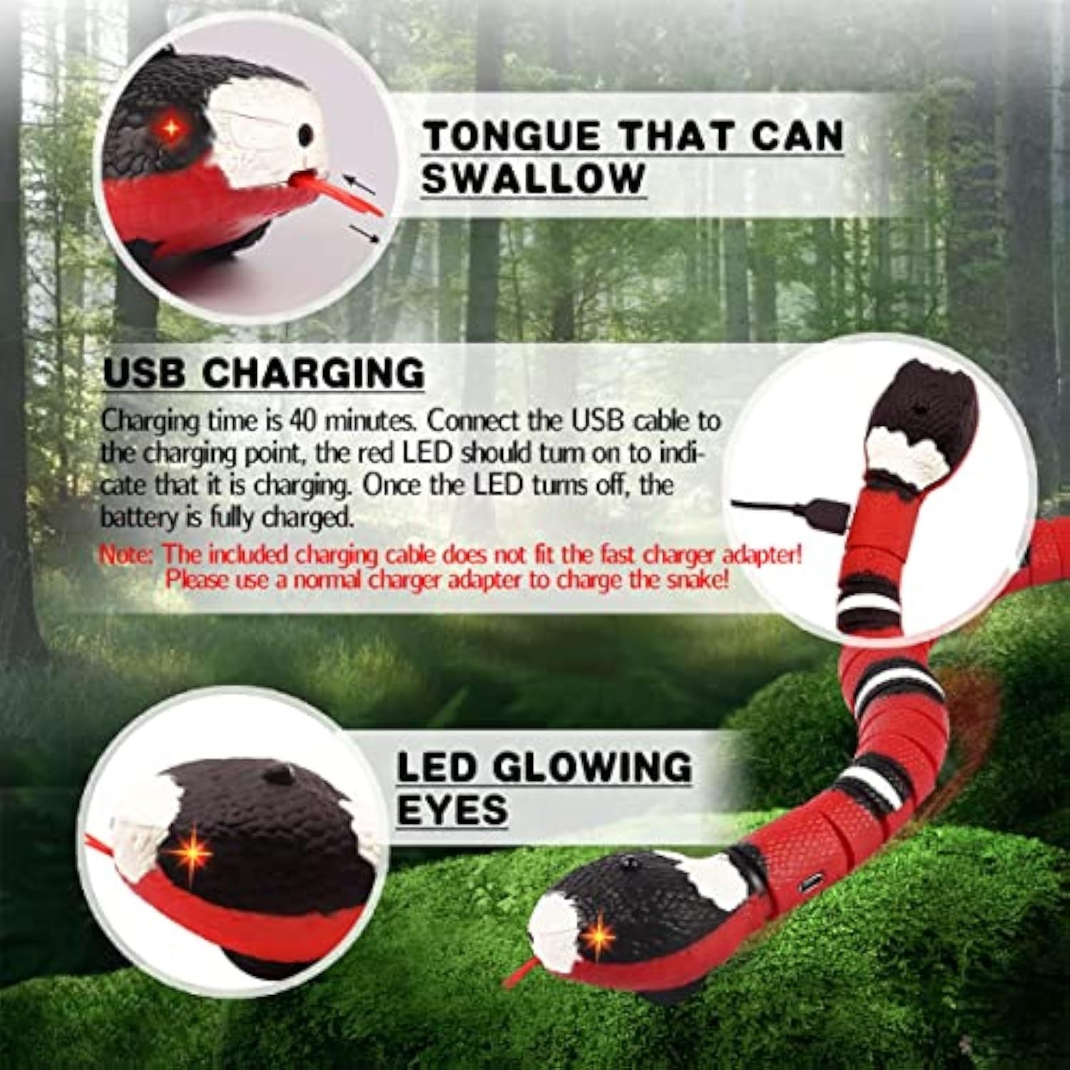 JMT-173962 Interactive Pet Snake Toy with Infrared Sensor and Rechargeable Battery - Realistic Gag Toy for Cats and Dogs