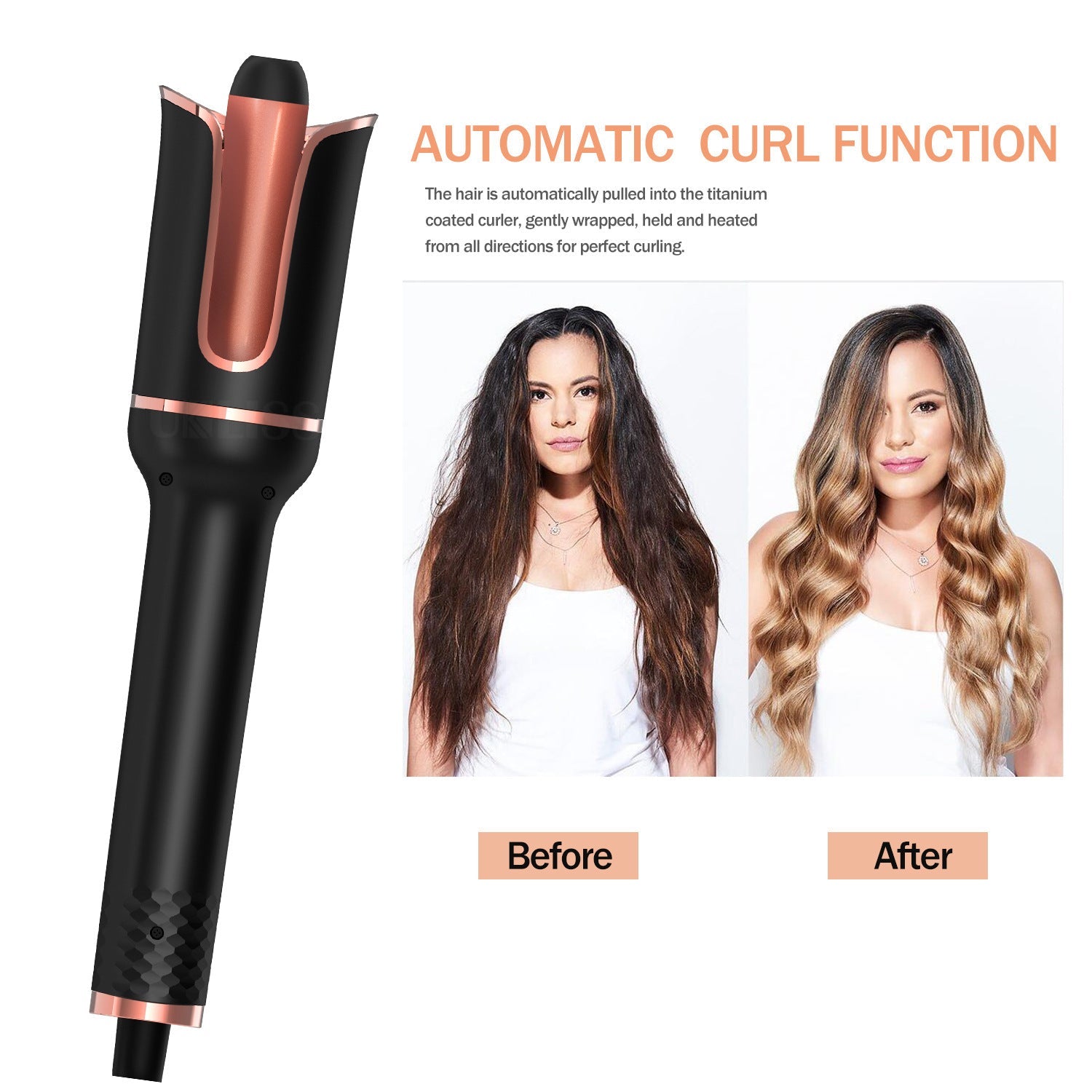 JMT-175434 Portable Automatic Wireless Curling Iron with Tourmaline Ceramic, Black Pink, Wet & Dry Styling
