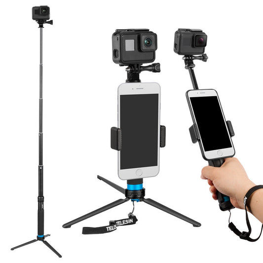 JMT-176138 Aluminum Alloy Tripod Selfie Stick with GoPro Mount and Mobile Phone Holder