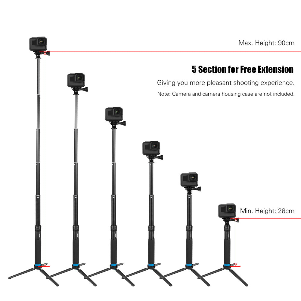 JMT-176138 Aluminum Alloy Tripod Selfie Stick with GoPro Mount and Mobile Phone Holder