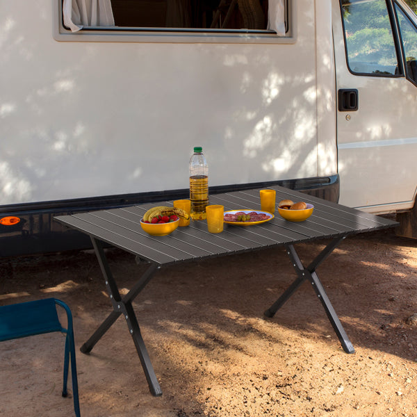 JMT-176138 Portable Black Camping Roll Table - 86x60x42cm Folding Outdoor Furniture