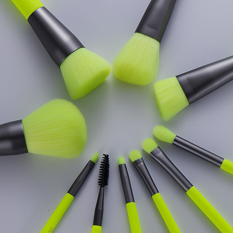 JMT-176714 10-Piece Neon Makeup Brush Set with Fluorescent Green Handles and Soft Bristles