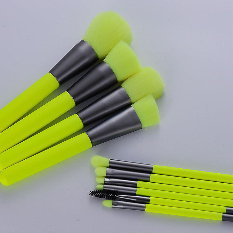 JMT-176714 10-Piece Neon Makeup Brush Set with Fluorescent Green Handles and Soft Bristles