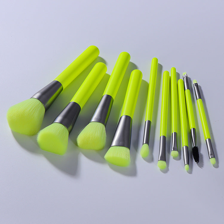 JMT-176714 10-Piece Neon Makeup Brush Set with Fluorescent Green Handles and Soft Bristles