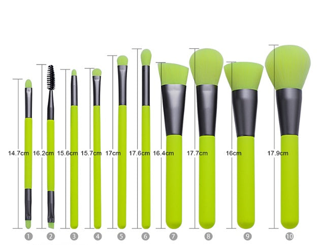 JMT-176714 10-Piece Neon Makeup Brush Set with Fluorescent Green Handles and Soft Bristles
