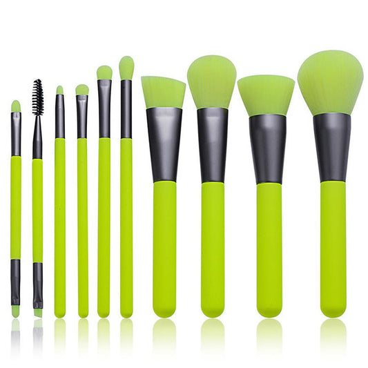 JMT-176714 10-Piece Neon Makeup Brush Set with Fluorescent Green Handles and Soft Bristles