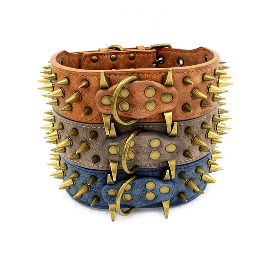 JMT-177098 Durable PU Dog Collar with Bronze Rivets for Large Dogs - Adjustable Sizes Available
