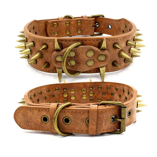 JMT-177098 Durable PU Dog Collar with Bronze Rivets for Large Dogs - Adjustable Sizes Available