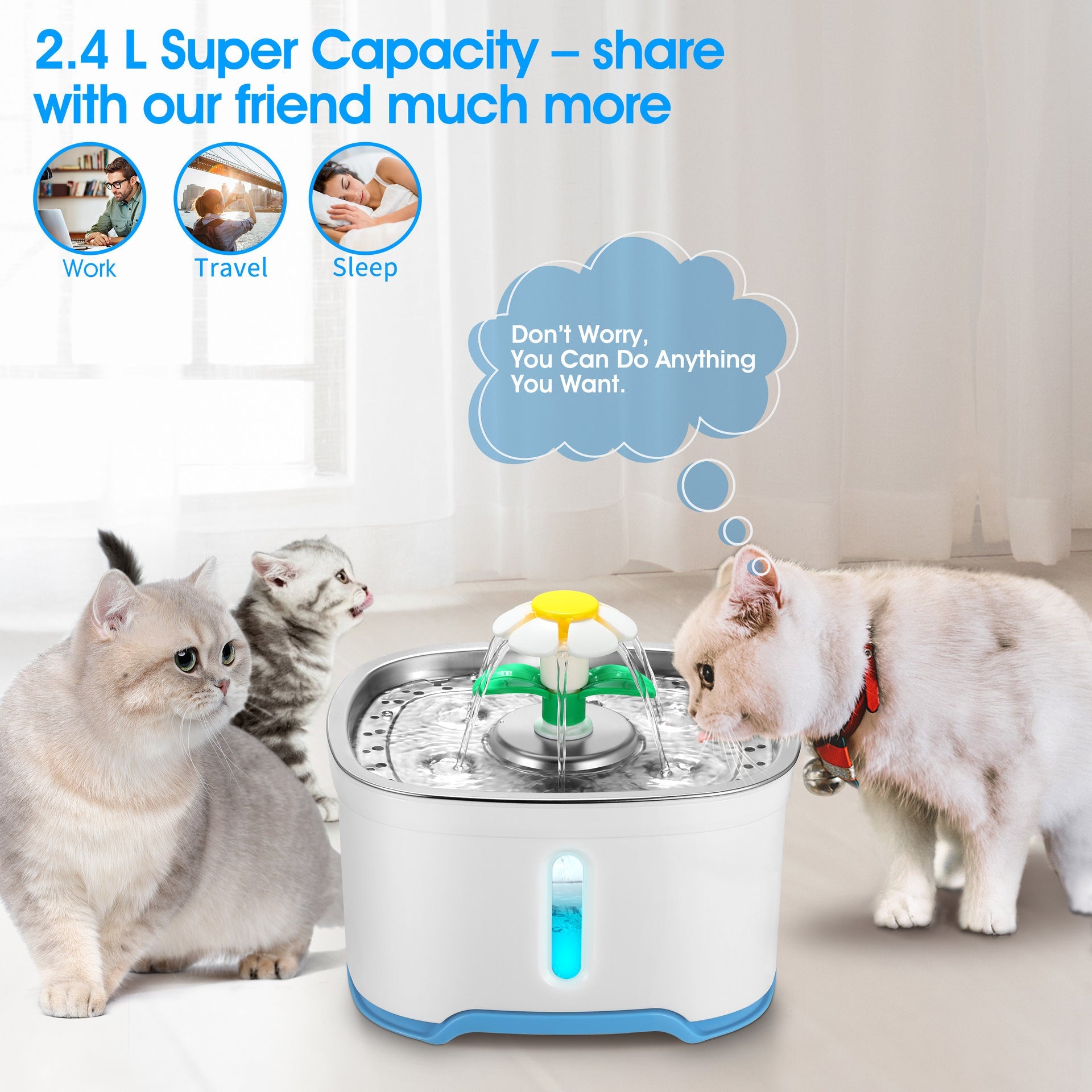 JMT-177610 Stainless Steel Pet Water Dispenser for Dogs and Cats - Blue Design