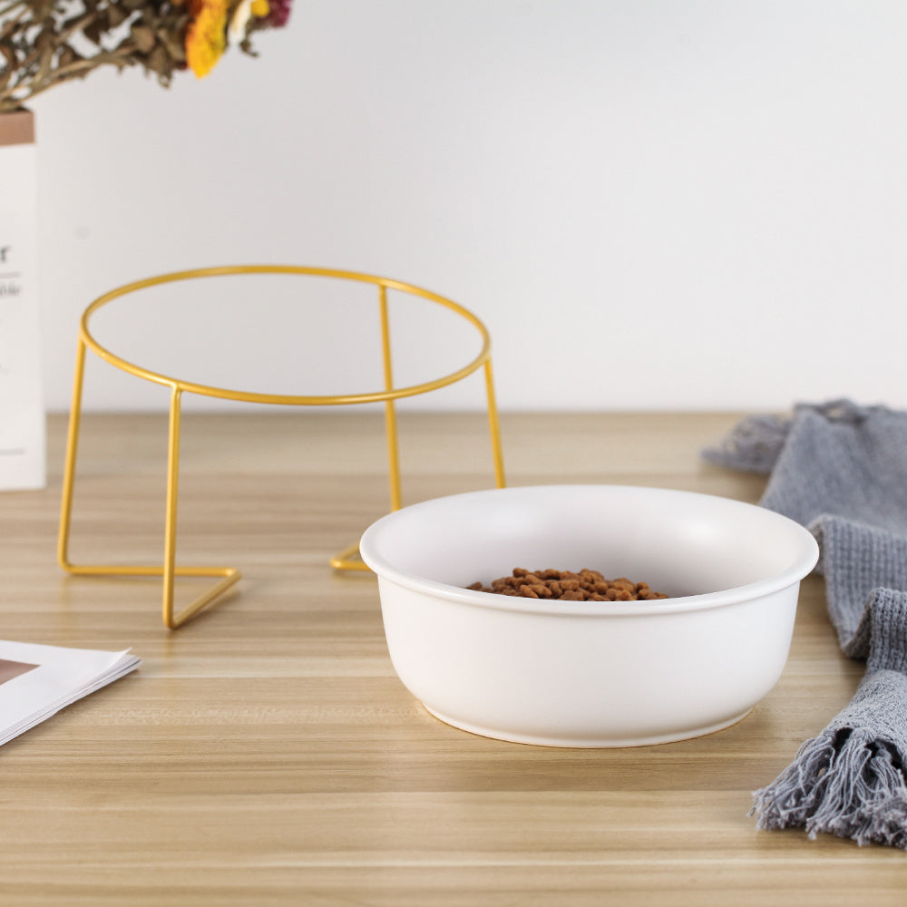 JMT-179914 Tilted Ceramic Cat Food Bowl with Stainless Steel Features - Modern Heightened Design