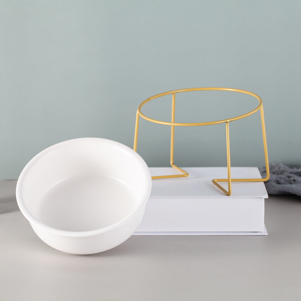 JMT-179914 Tilted Ceramic Cat Food Bowl with Stainless Steel Features - Modern Heightened Design