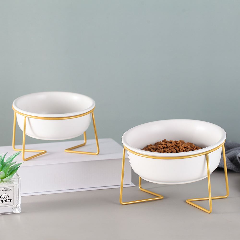 JMT-179914 Tilted Ceramic Cat Food Bowl with Stainless Steel Features - Modern Heightened Design