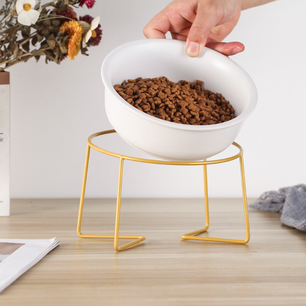 JMT-179914 Tilted Ceramic Cat Food Bowl with Stainless Steel Features - Modern Heightened Design