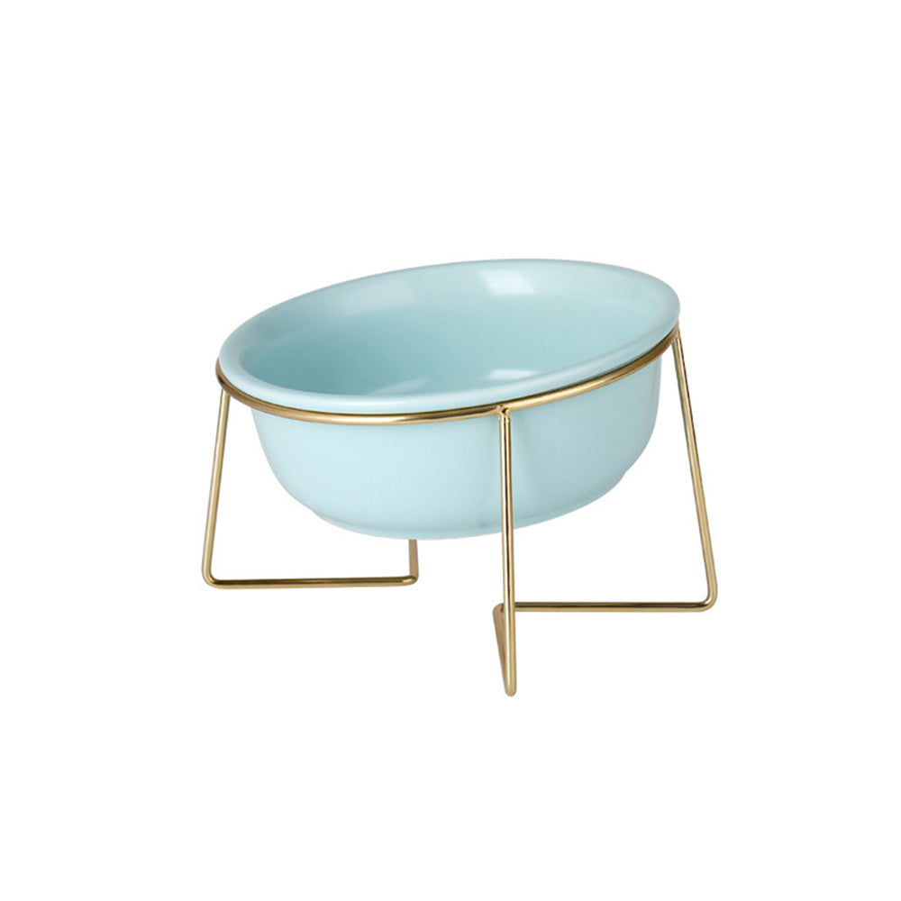 JMT-179914 Tilted Ceramic Cat Food Bowl with Stainless Steel Features - Modern Heightened Design