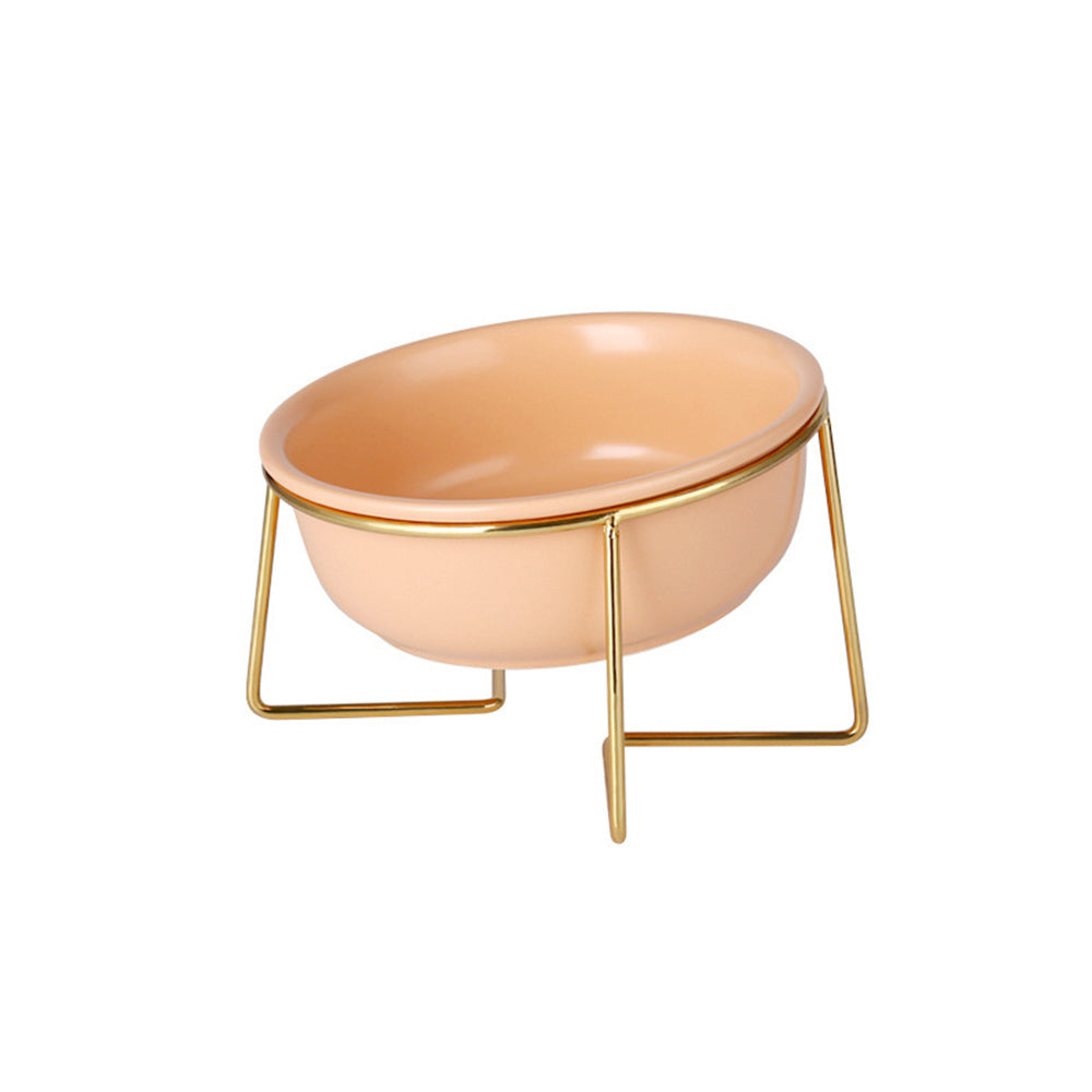 JMT-179914 Tilted Ceramic Cat Food Bowl with Stainless Steel Features - Modern Heightened Design