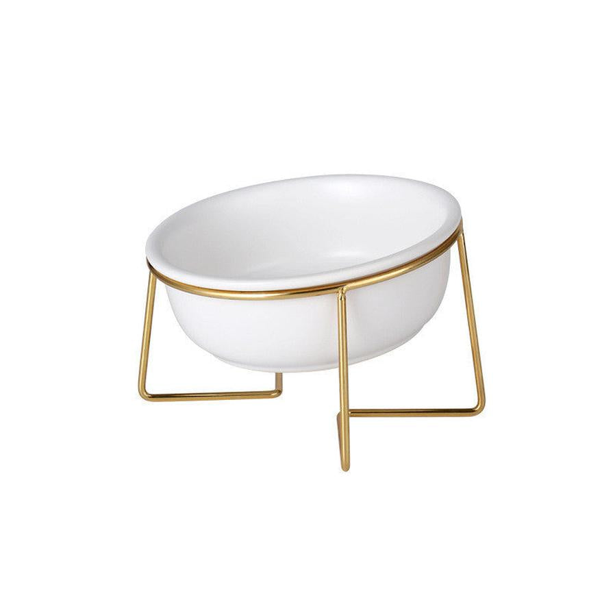 JMT-179914 Tilted Ceramic Cat Food Bowl with Stainless Steel Features - Modern Heightened Design