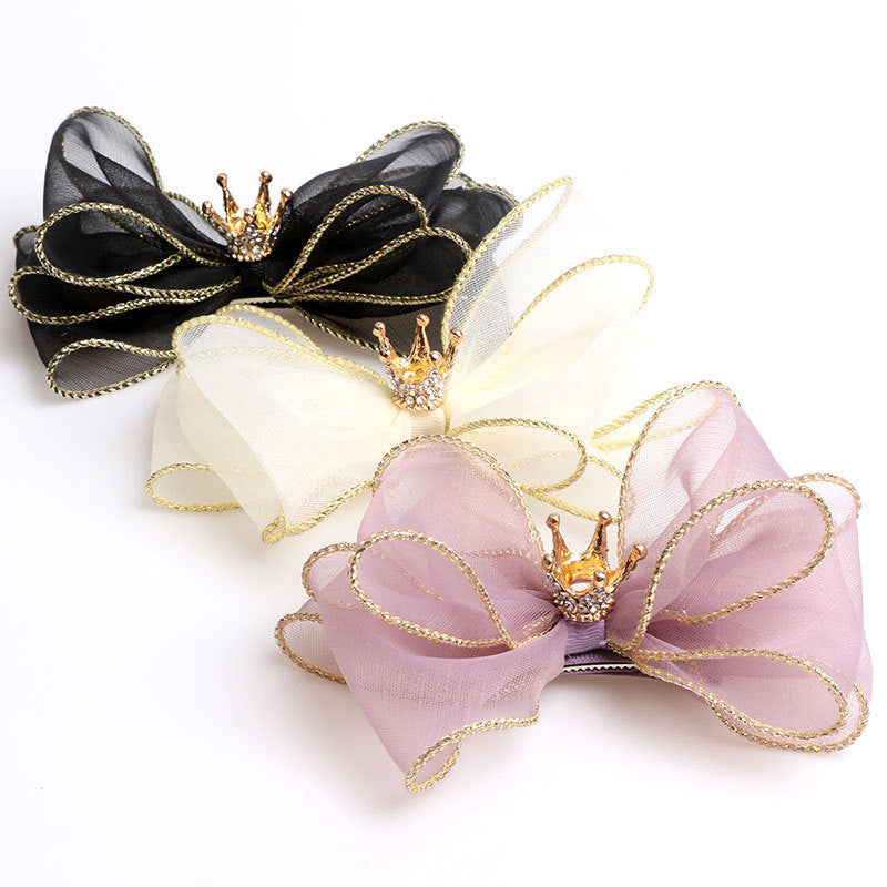 JMT-180426 Organza Bow Hairpin for Children - Crown Top Clip Hair Accessory in Black, Light Yellow, and Purple
