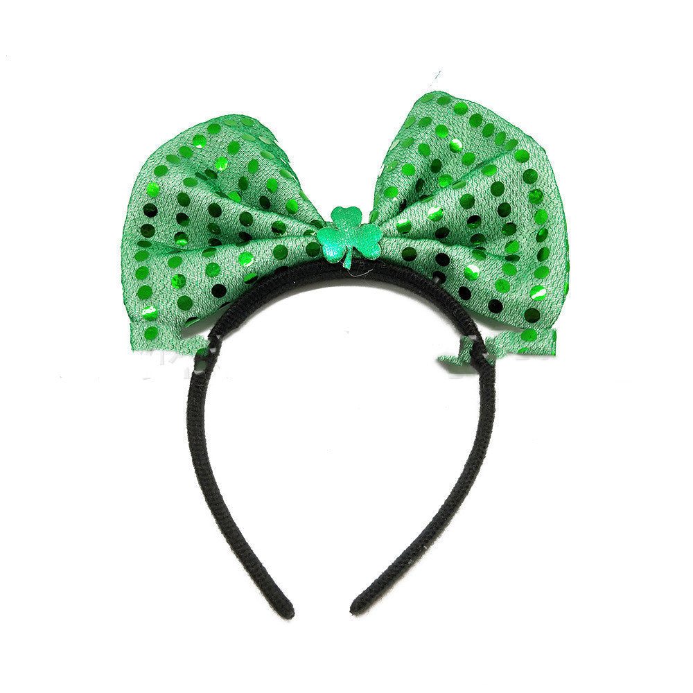 JMT-181578 Irish Shamrock Foam Headband with Sequin Bow – Green Non-Woven Fabric Design
