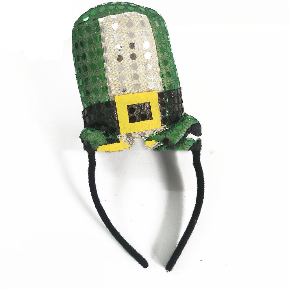 JMT-181578 Irish Shamrock Foam Headband with Sequin Bow – Green Non-Woven Fabric Design