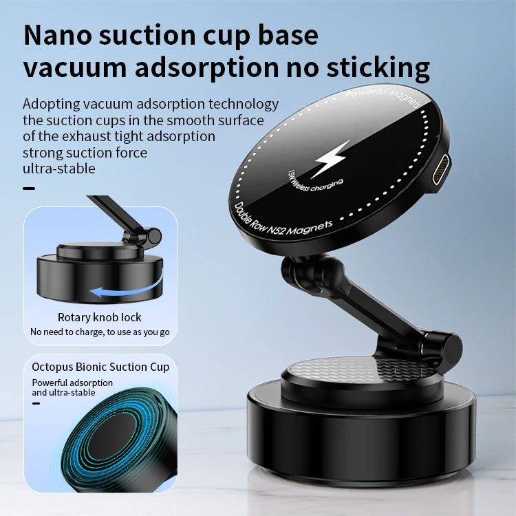 JMT-181706 Foldable Magnetic Suction Phone Holder with 15W Wireless Charging for Car Use