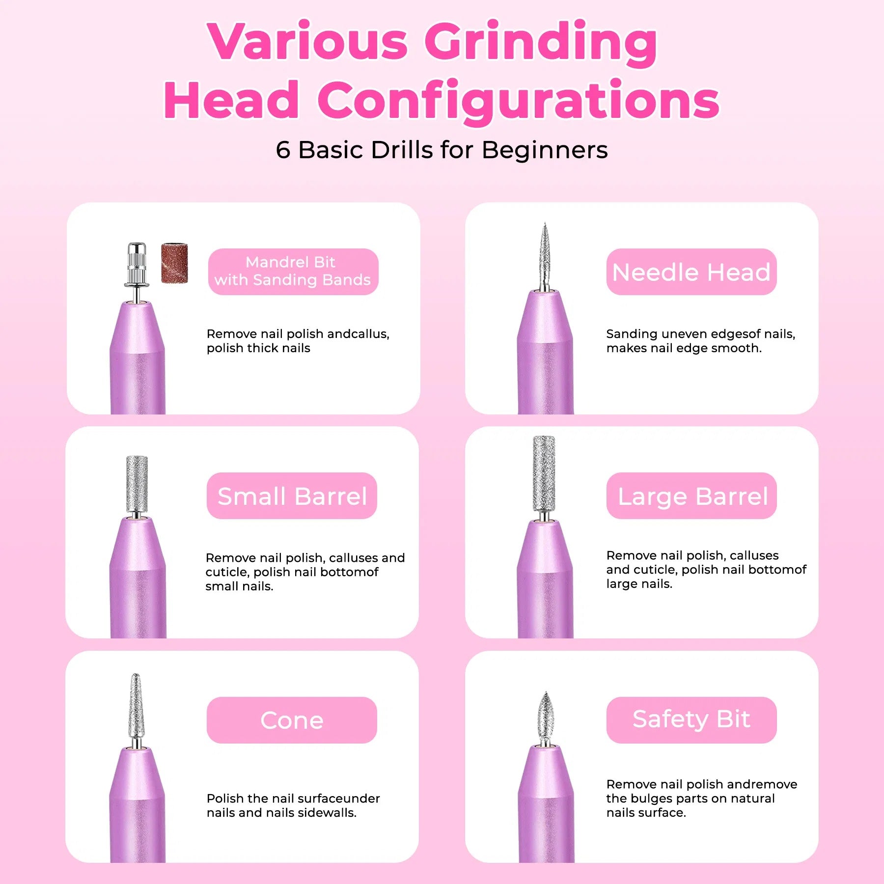 JMT-182346 Portable Electric Nail Drill Kit for Manicure and Pedicure with 6 Drill Bits and Sanding Bands - Lightweight Rose Gold Design