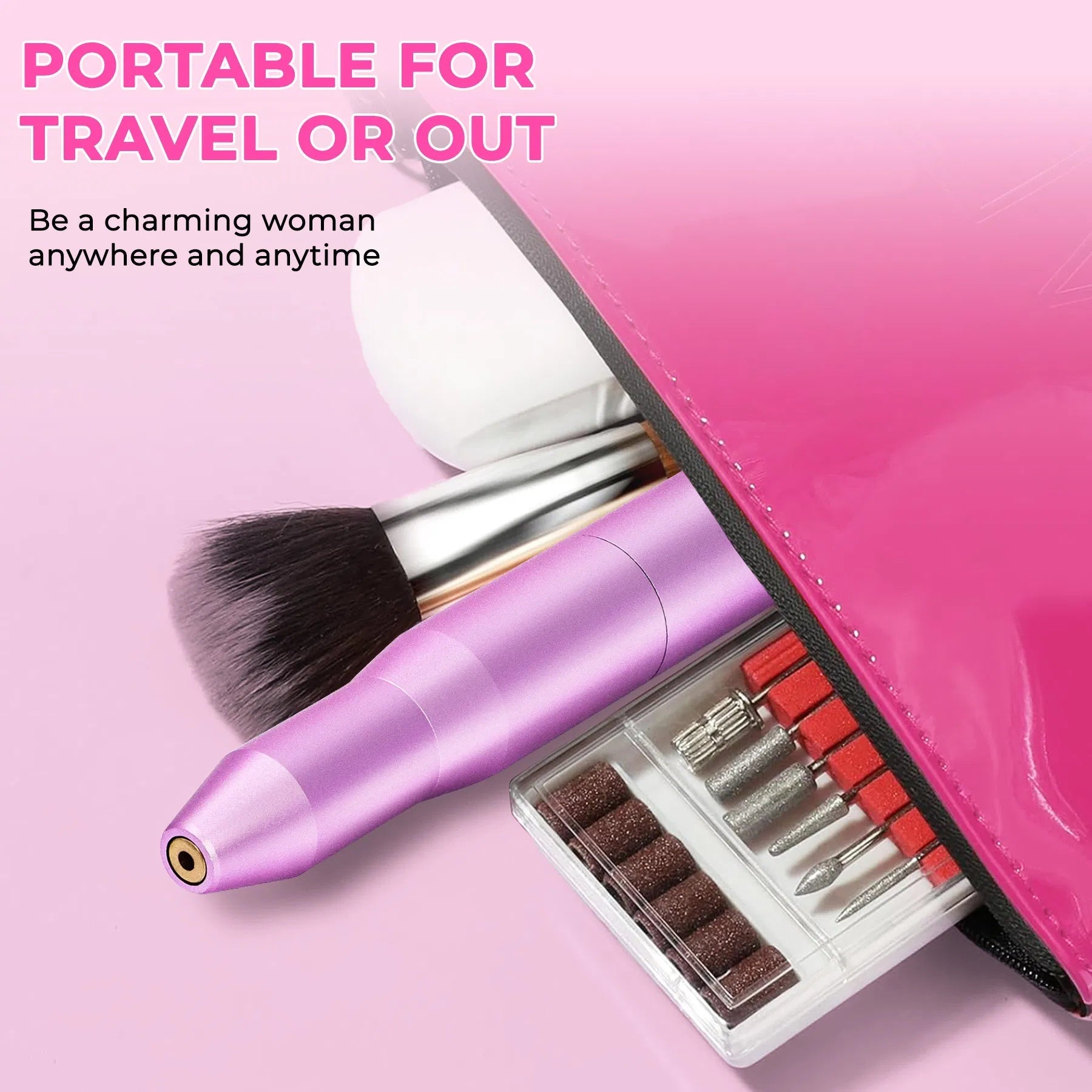 JMT-182346 Portable Electric Nail Drill Kit for Manicure and Pedicure with 6 Drill Bits and Sanding Bands - Lightweight Rose Gold Design