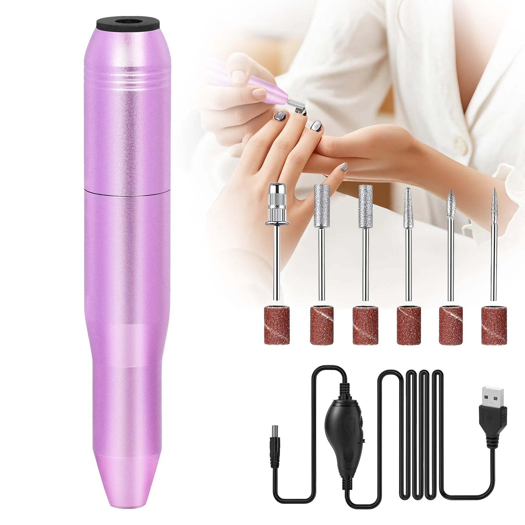 JMT-182346 Portable Electric Nail Drill Kit for Manicure and Pedicure with 6 Drill Bits and Sanding Bands - Lightweight Rose Gold Design