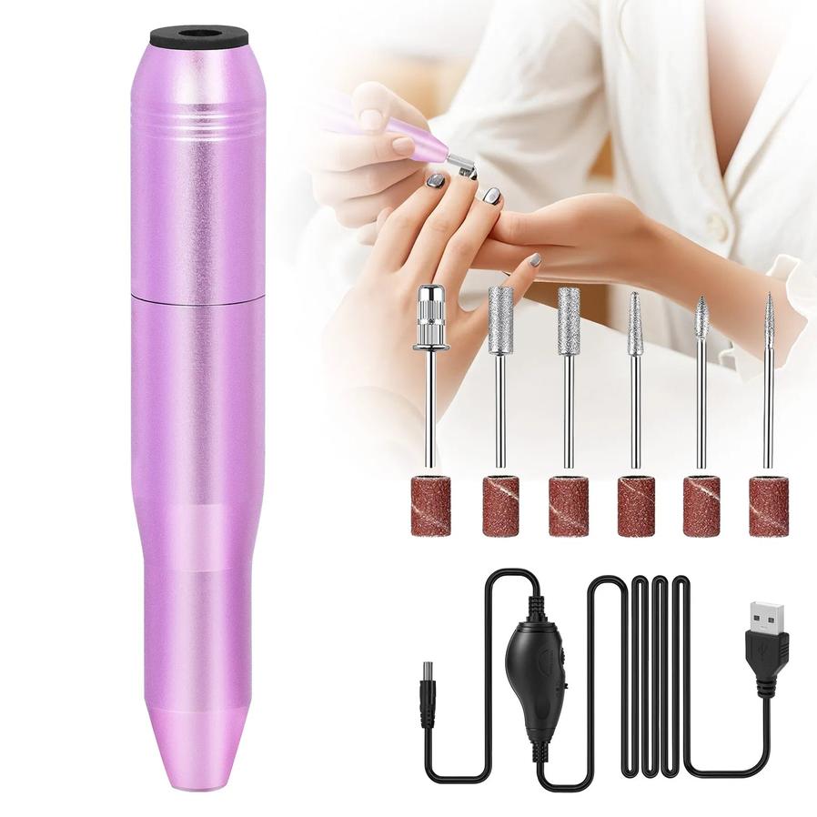 JMT-182346 Portable Electric Nail Drill Kit for Manicure and Pedicure with 6 Drill Bits and Sanding Bands - Lightweight Rose Gold Design
