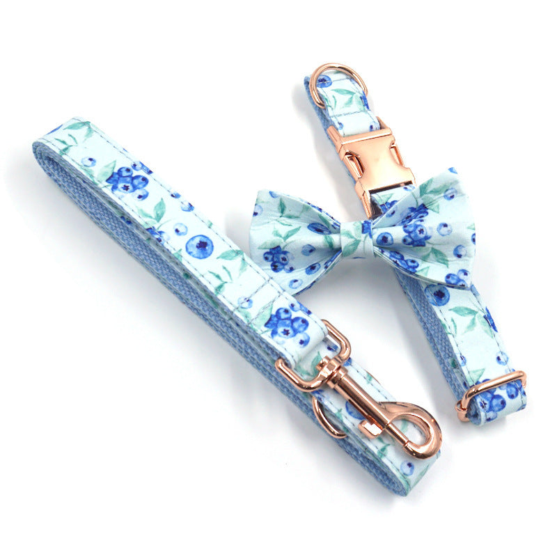JMT-182538 Blueberry Pet Fashion Blue Print Dog Collar with Bow and Rose Gold Buckle