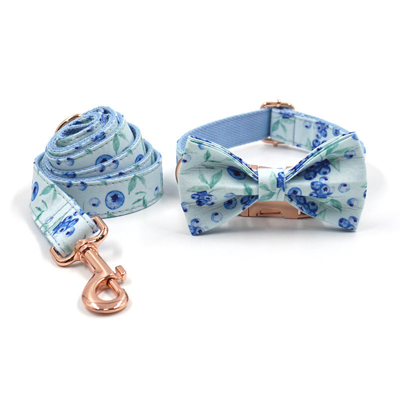 JMT-182538 Blueberry Pet Fashion Blue Print Dog Collar with Bow and Rose Gold Buckle