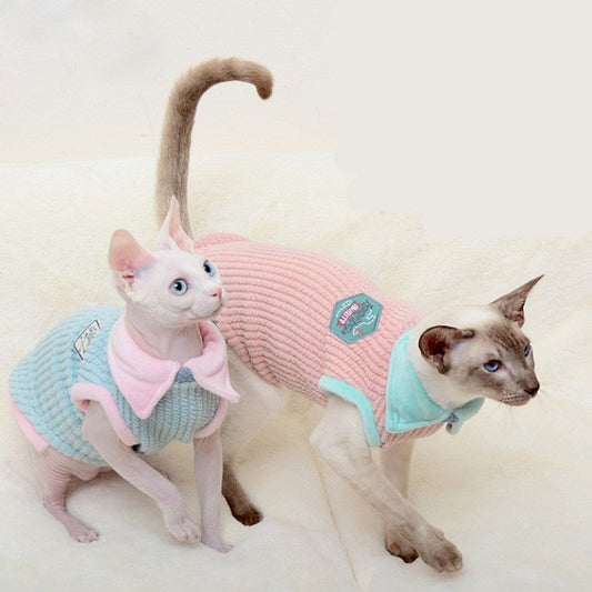 JMT-182666 Wool Clothes for Hairless Cats - Autumn & Winter Two-Legged Apparel in Blue and Pink Edges, Sizes XS to XL
