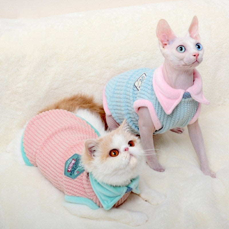 JMT-182666 Wool Clothes for Hairless Cats - Autumn & Winter Two-Legged Apparel in Blue and Pink Edges, Sizes XS to XL