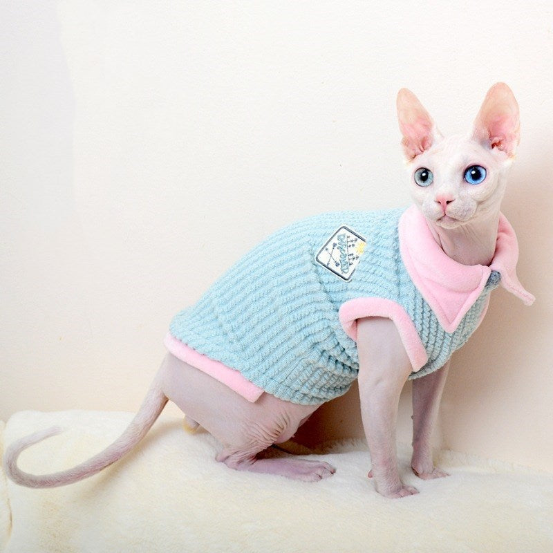 JMT-182666 Wool Clothes for Hairless Cats - Autumn & Winter Two-Legged Apparel in Blue and Pink Edges, Sizes XS to XL