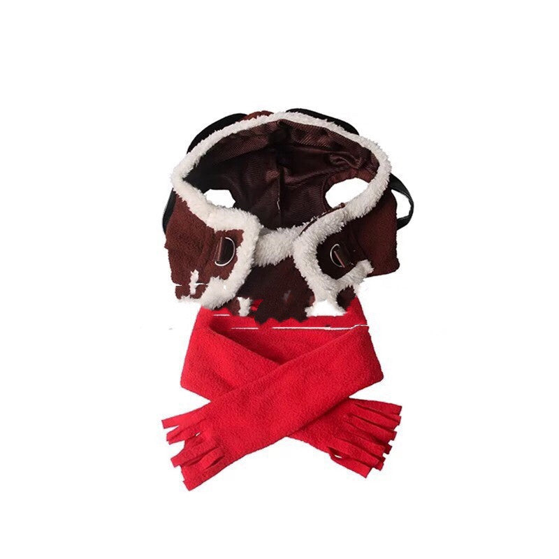 JMT-182858 Pet Costume Set with Red Scarf and Flying Cap for Pets - Large Size, Dark Brown
