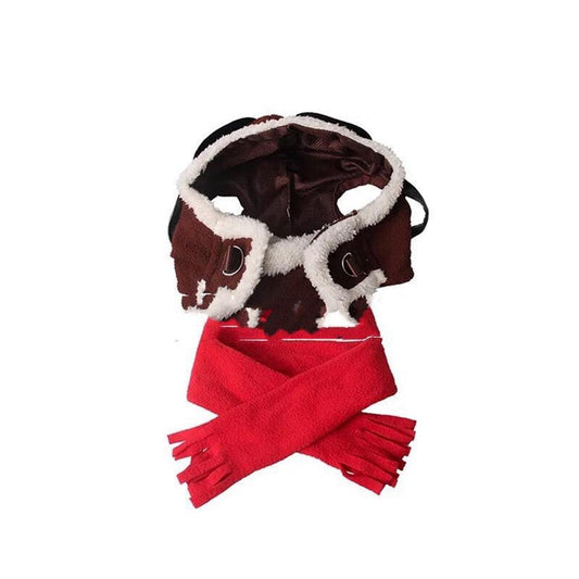 JMT-182858 Pet Costume Set with Red Scarf and Flying Cap for Pets - Large Size, Dark Brown